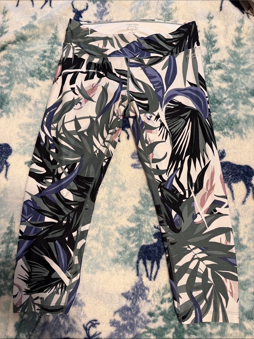 Calvin Klein White Capri Leggings with Navy, Gray-Green & Blush Leaf Print
